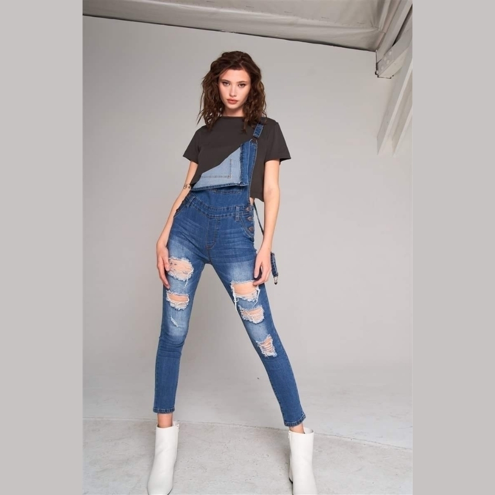 Skinny Denim Overalls Distressed Ripped Jeans - Picture 8 of 15